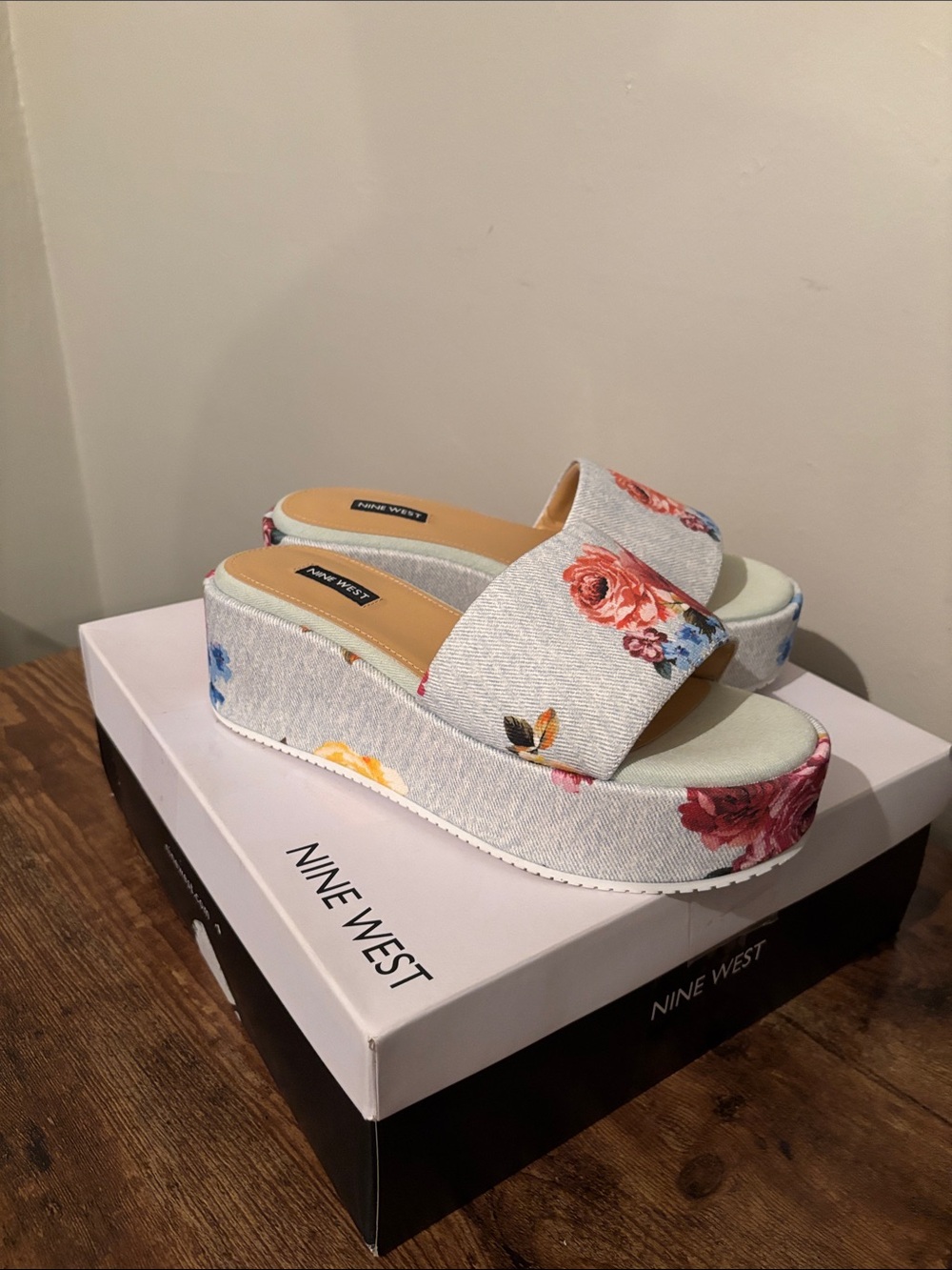 Nine West Floral Denim Platform Slides in Light Blue with Pink & Red Accents